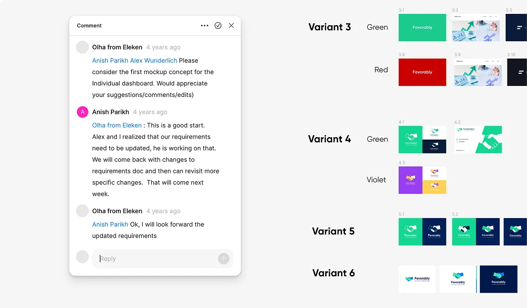 Chat window with comments discussing individual dashboard mockup and design variant samples in green, red, violet, and blue.